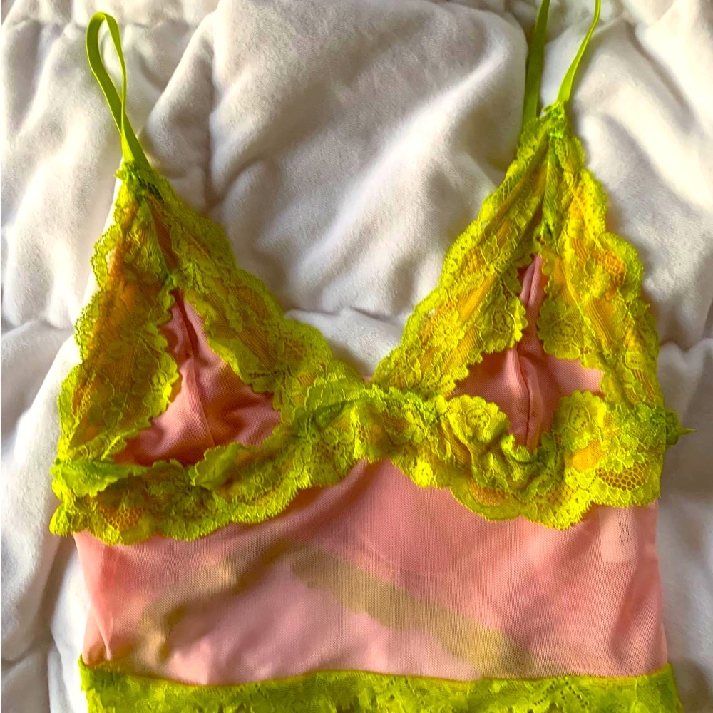 cropped pink and green tank top lace trim worn like four times